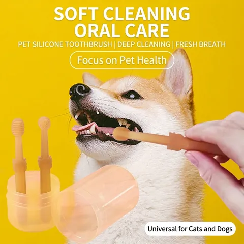 Silicone Pet Toothbrush And Tongue Scraper For Dogs Cats Oral Care Soft Bristles Dental Cleaning Tool With Portable Case