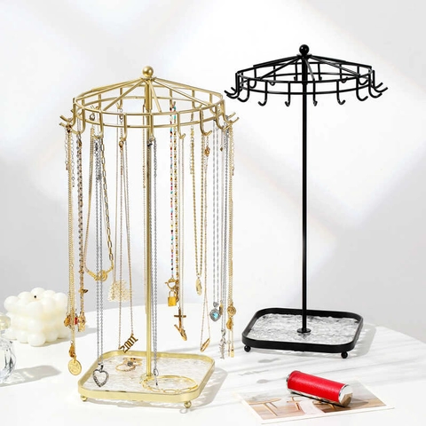 Metal Rotating Jewelry Display Stand Hooks Necklace Bracelet Holder With Square Acrylic Tray Detachable Organizer
