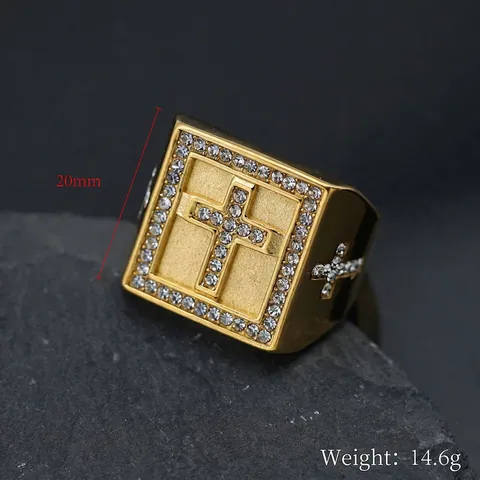 Men Hip Hop Stainless Steel Square Signet Ring With Iced Out Cross Rhinestones Punk Religious Jewelry Gold Color