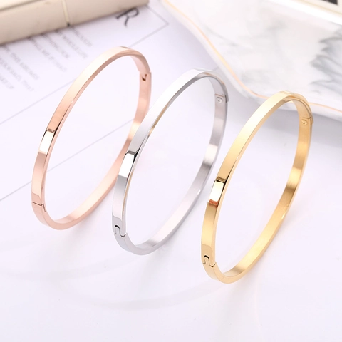 Minimalist Stainless Steel Hinge Bangle Bracelet For Women Men Polished Smooth Oval Buckle Clasp Couple Fashion Jewelry
