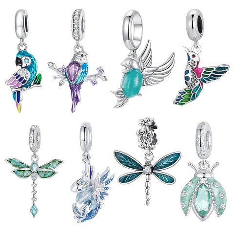 925 Sterling Silver Animal Charms Dragonfly Parrot Hummingbird Pendant Enamel Zirconia Beads For Bracelet Necklace Jewelry Making Women