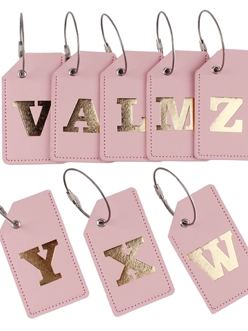 Pink PU Leather Luggage Tag With Golden Initial Letter Metal Wire Loop Suitcase Travel ID Label Suitcase Identifier
