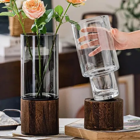 Modern Minimalist Glass Vase With Wooden Base Gilded Rim Ribbed Ripple Texture Desktop Decor For Hydroponic Flowers