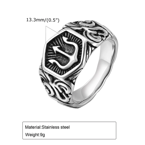 Vintage Trident Signet Ring Stainless Steel Hexagon Embossed Distressed Silver Tone Retro Punk Jewelry For Men