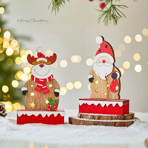 Weihnachts Holz LED Licht Schreibtisch Ornament Weihnachtsmann Rentier Figur Warmes Glühen Heimdekoration Festliche Requisite