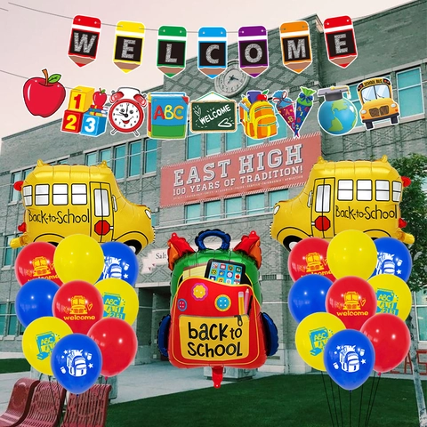 Ensemble de Décorations de Fête de Rentrée Scolaire Bannière Welcome Autobus Scolaire Sac d'École Crayon Ballons en Aluminium et Latex pour Classe Maternelle