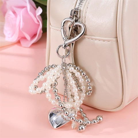 Dolce Portachiavi a Fiocco con Perle Artificiali in Lega Ciondolo Cuore Labbra Ciliegia Cartone Animato Accessorio Borsa Perline Strass
