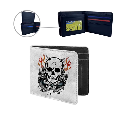 Herren Bifold Geldbörse PU Leder Bedrucktes Totenkopf Flammenmuster Mehrere Kartenfächer ID Fenster Kurze Brieftasche Cool Style