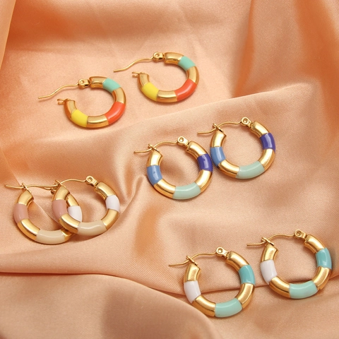Colorful Enamel Segmented Hoop Earrings Stainless Steel Gold Plated Geometric C Shaped Round Ear Jewelry For Women