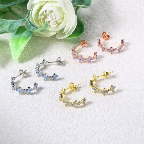 Blue Zirconia Flower Stud Earrings For Women Copper Gold Plated C-Shaped Floral Clover Aesthetic Jewelry Earrings Fashion Gift