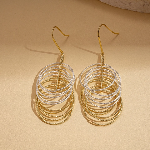 Geometrische Lagen Kreisförmige Hängeohrringe Bicolor Gold Silber Strukturierte Kupfer Fischhaken Modeschmuck Damen