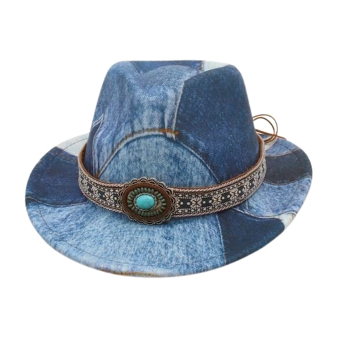 Cappello Fedora Per Bambini Patchwork Denim Stile Cowboy Western Decorazione Turchese Etnica Retro Britannico