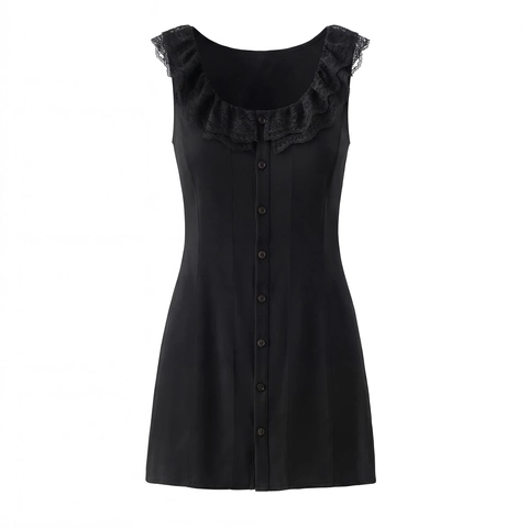 Women Mini Dress Polyester Lace Sleeveless Ruffle Trim Square Neck Button Front Back Bow Tie Lolita French Sweet Style