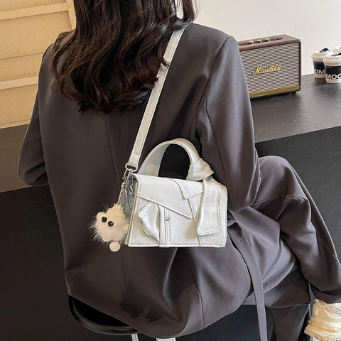Women Denim Patchwork Crossbody Bag Contrast Stitching Knotted Handle Small Square Handbag With Plush Monster Charm