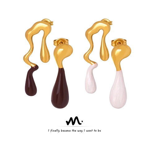 Asymmetric Fluid Melted Water Drop Earrings Titanium Steel Gold Plating Oil Drip Modern Art Statement Jewelry For Women