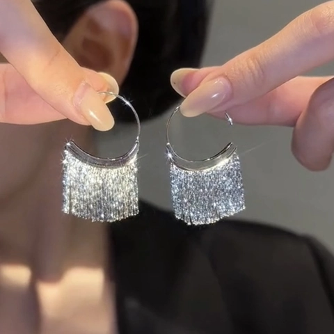 Lange Quasten-Ohrhänger Für Damen Legierung Strass Pailletten Mit Silberstecker Luxus Party Schmuck Trendy