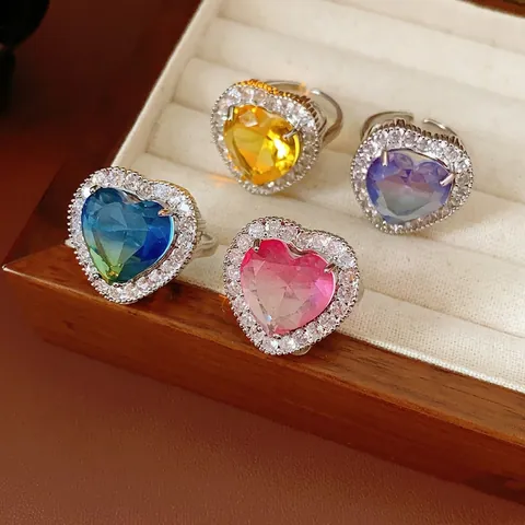 Elegant Heart Shaped Zircon Ring Copper Adjustable Open Halo Pave Niche Design Jewelry For Women