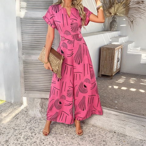 Women Short Sleeve V Neck Wide Leg Jumpsuit Polyester Abstract Print High Waist Casual Vacation Resort Jumpsuit