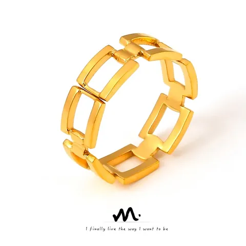 Anello in Lega di Titanio Placcato Oro Minimalista Catena a Maglia Quadrata Cava Geometrica per Donna Gioielli Moda Dito
