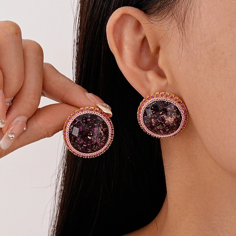 Orecchini A Bottone Rotondi Vintage Lega Resina Foglia D'oro Strass Rosa Con Perno In Argento Gioielli Stile Francese Donna