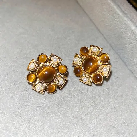 Vintage Blumen Ohrstecker Für Damen Mit Braunen Kunstharz Katzenaugen Perlimitat Und 925 Sterling Silber Ohrringpfosten