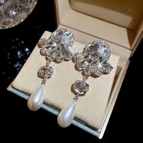 Pendientes Colgantes Flor Perla Artificial Diamante De Imitación Poste De Plata De Ley 925 Joyas De Boda Elegantes Para Mujeres