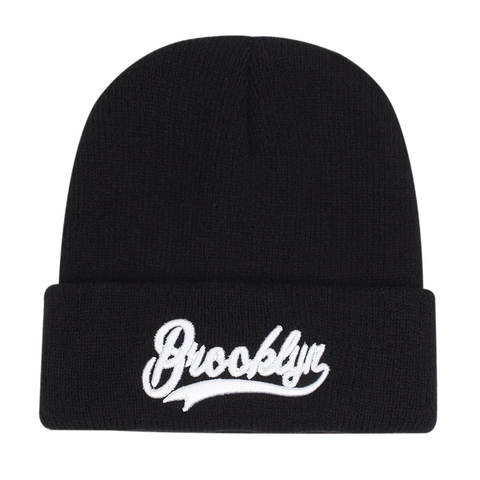 Knitted Beanie Hat Cotton Acrylic Brooklyn Embroidery Cuffed Ribbed Streetwear Casual Unisex Warm Headwear