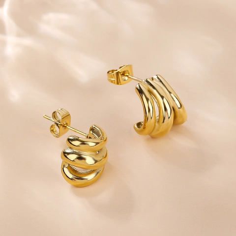 Minimalistische 18K Vergoldete Edelstahl Dreilagige Creolen Für Damen Trendy Metallic C-Förmige Ohrstecker Schmuck