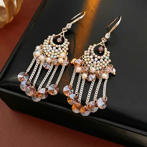 Pendientes Colgantes Bohemios Con Cobre Circón Cristal De Color Borla Perlas Artificiales Poste De Plata Vintage Creciente Para Mujeres