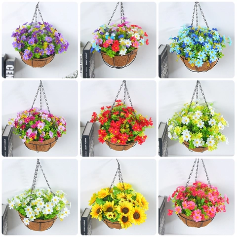 Artificial Hanging Flower Basket Silk Daisy Sunflower with Coconut Liner Iron Frame For Home Garden Outdoor Indoor Decor