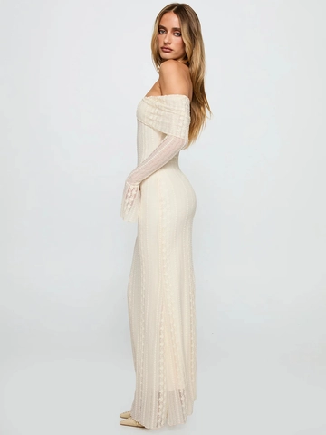 Women Off Shoulder Lace Maxi Dress Long Flare Sleeve Retro Sexy Sheer Solid Color Elegant Evening Party White