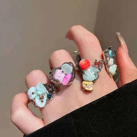 Anillo Abierto De Flor Irregular Con Concha Y Diamantes De Imitación Joyería De Dedo De Aleación Ajustable Estilo Bohemio Vintage Mujer