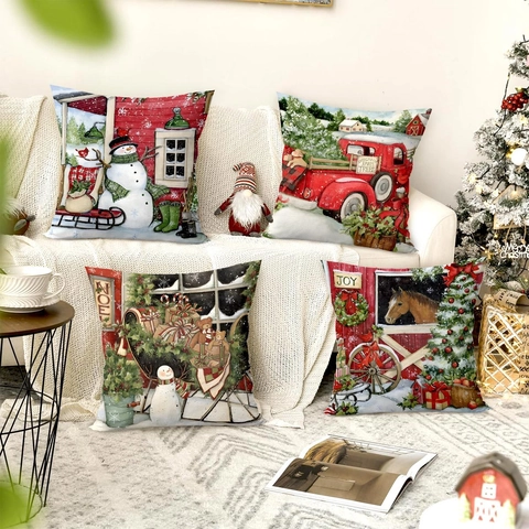 Weihnachts Kissenbezüge Polyester Leinen Textur Schneemann Roter LKW Bauernhof Festliche Feiertags Heimdeko Cartoon Stil