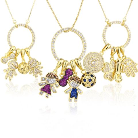 Collana Con Pendente Rame Placcato Oro Zircone Colorato Ciondoli Rimovibili Ragazzo Ragazza Calcio Fiocco Hip Hop DIY Gioielli