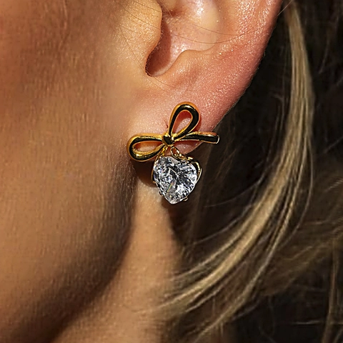 Bowknot Heart Cubic Zirconia Earrings Stainless Steel 18K Gold Plated Artificial Pearl Studs Waterproof Retro Fashion Jewelry For Women