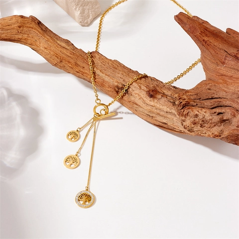 Vintage Gold Plated Edelstahl Lebensbaum Anhänger Halskette Mit Strass Quaste Y-Förmige Kette Schmuck Für Damen