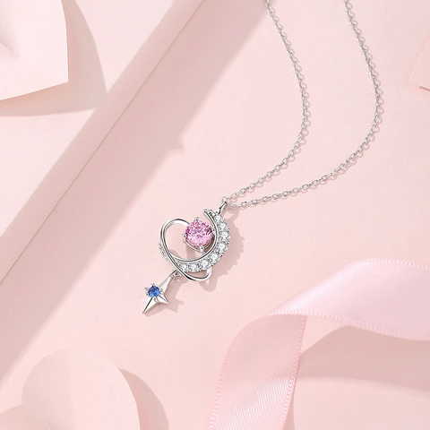 S925 Sterlingsilber Mond Stern Kette Für Damen Pink Blau Zirkonia Herz Planet Anhänger Romantisch Leichter Luxus Schmuck Geschenk