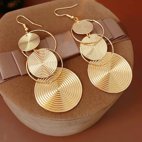 Pendientes Colgantes Geométricos De Disco Circular Graduado Aleación Con Poste De Plata Textura Espiral Concéntrica Declaración Larga