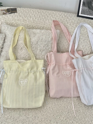 Sweet Heart Lace Ribbon Bow Shoulder Bag Polyester Canvas Drawstring Tote Handbag For Women Aesthetic Coquette Style