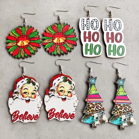 Christmas Dangle Earrings Wood Santa Claus Sunflower Leopard Print Plaid Retro Western Style Holiday Jewelry Women