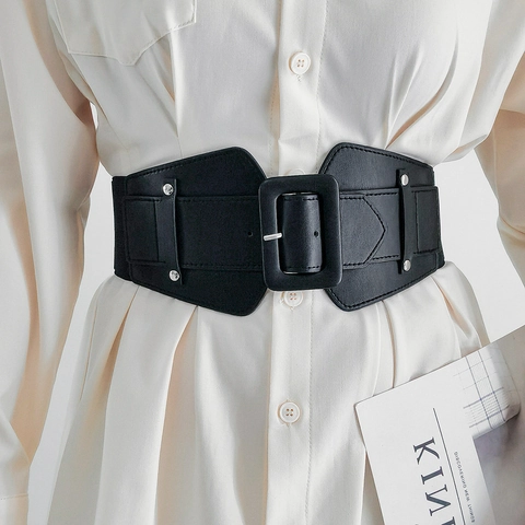 Women Wide Corset Belt PU Leather And Elastic Band Rectangular Buckle Rivets Decorative Waistband For Dress Coat