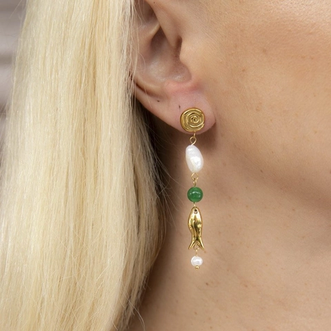 Pendientes Colgantes De Pez Vintage Acero Inoxidable Chapado En Oro De 18K Perla Barroca Artificial Cuenta Verde Tema Oceánico Para Mujeres