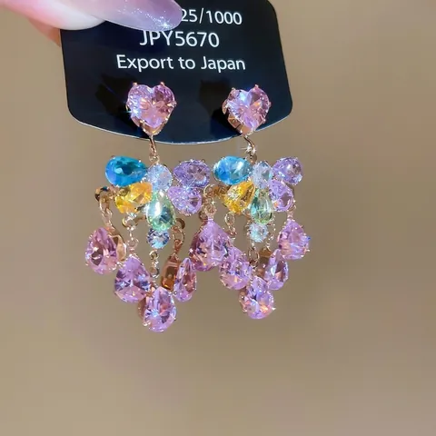 Bunte Zirkon Herz Wassertropfen Quasten Ohrhänger Mit Silver Earring Post Kupfer Luxus Schmuck Für Frauen