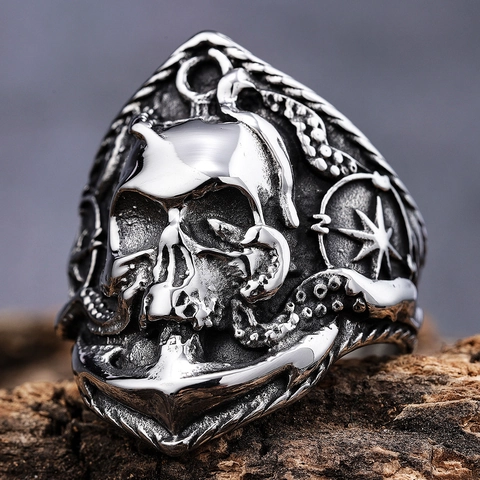Nautische Schedel Anker Ring Roestvrij Staal Octopus Tentakel Kompas Retro Gothic Punk Sieraden Voor Mannen