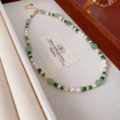 Malachite And Shell Artificial Pearl Beaded Necklace Retro Green Stone Jewelry Clavicle Chain For Women Vintage Elegant Accessory