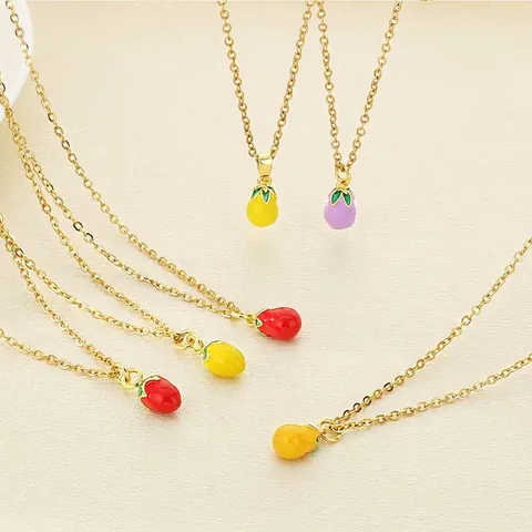 Fruit Pendant Necklace Stainless Steel Mini Enamel Strawberry Eggplant Pepper Colorful Clavicle Chain Jewelry For Women