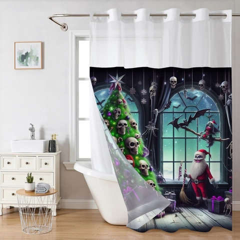 Shower Curtain Waterproof Polyester Waffle Fabric Hookless Snap In Liner Mesh Window Gothic Christmas Skull Winter House