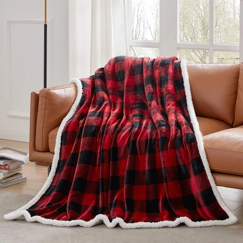 Flannel Sherpa Blanket Double Layer Plaid Thick Soft Warm For Sofa Bed Office Travel Buffalo Check Pattern Polyester