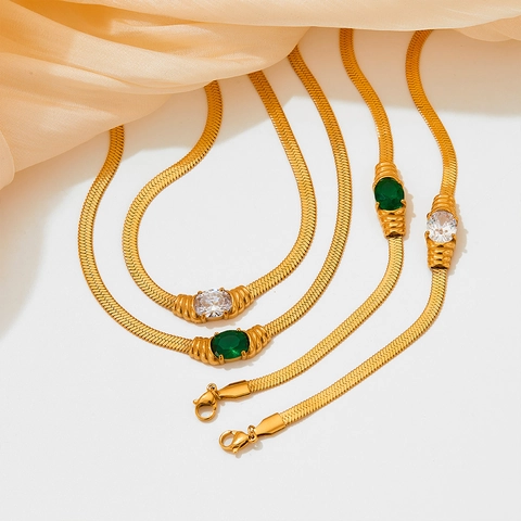 Conjunto De Collar Y Pulsera De Acero Inoxidable Vintage Piedra De Cristal Ovalada Cadena De Serpiente Joyería Para Mujer