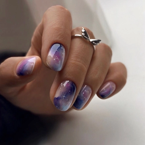 Purple Blue Galaxy Marble Press On Nails Short Square Glossy Artificial Fake Nail Tips Women DIY Manicure